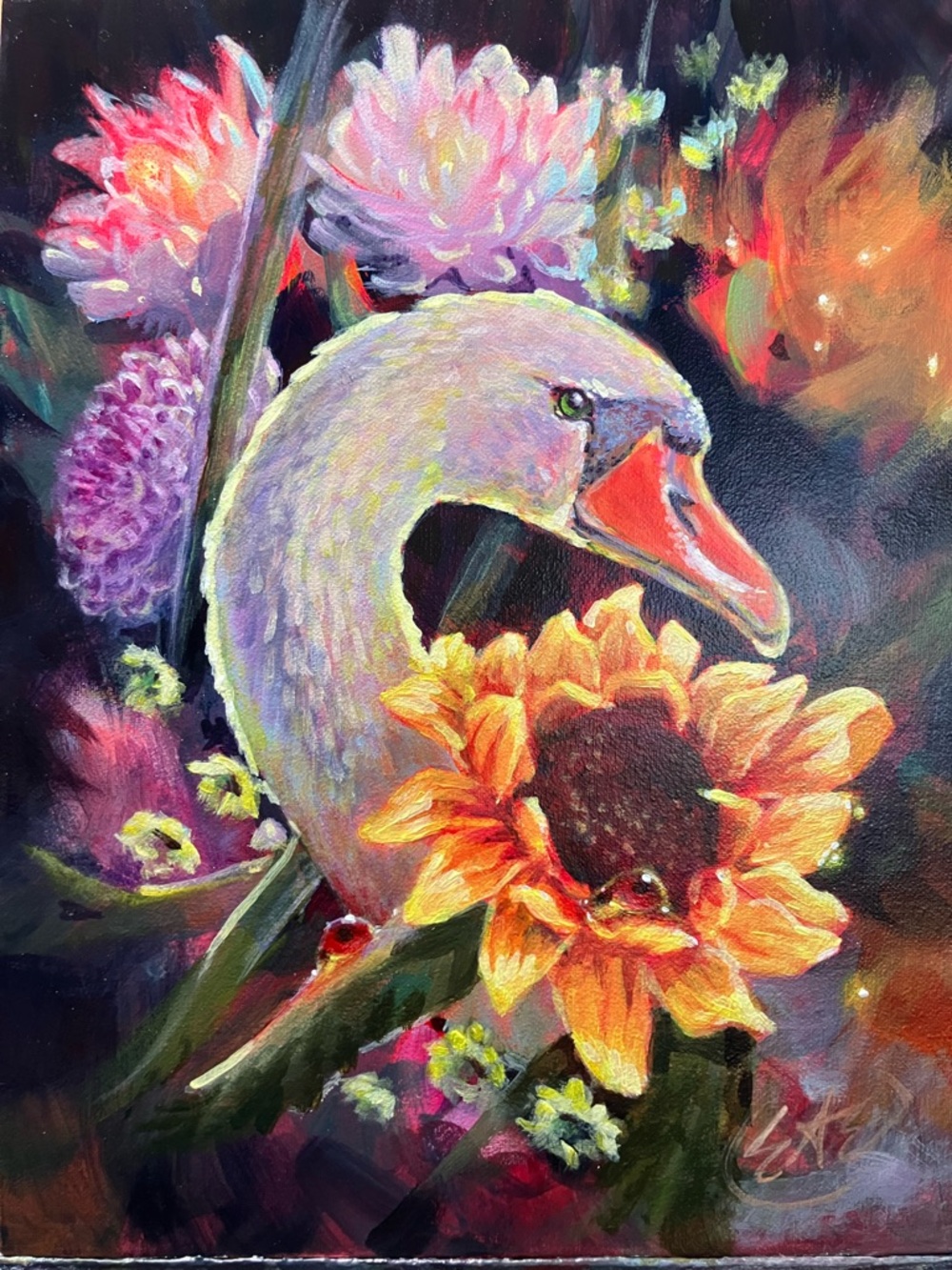 Swan sunflower original painting bird art floral bouquet surrealism Artettina